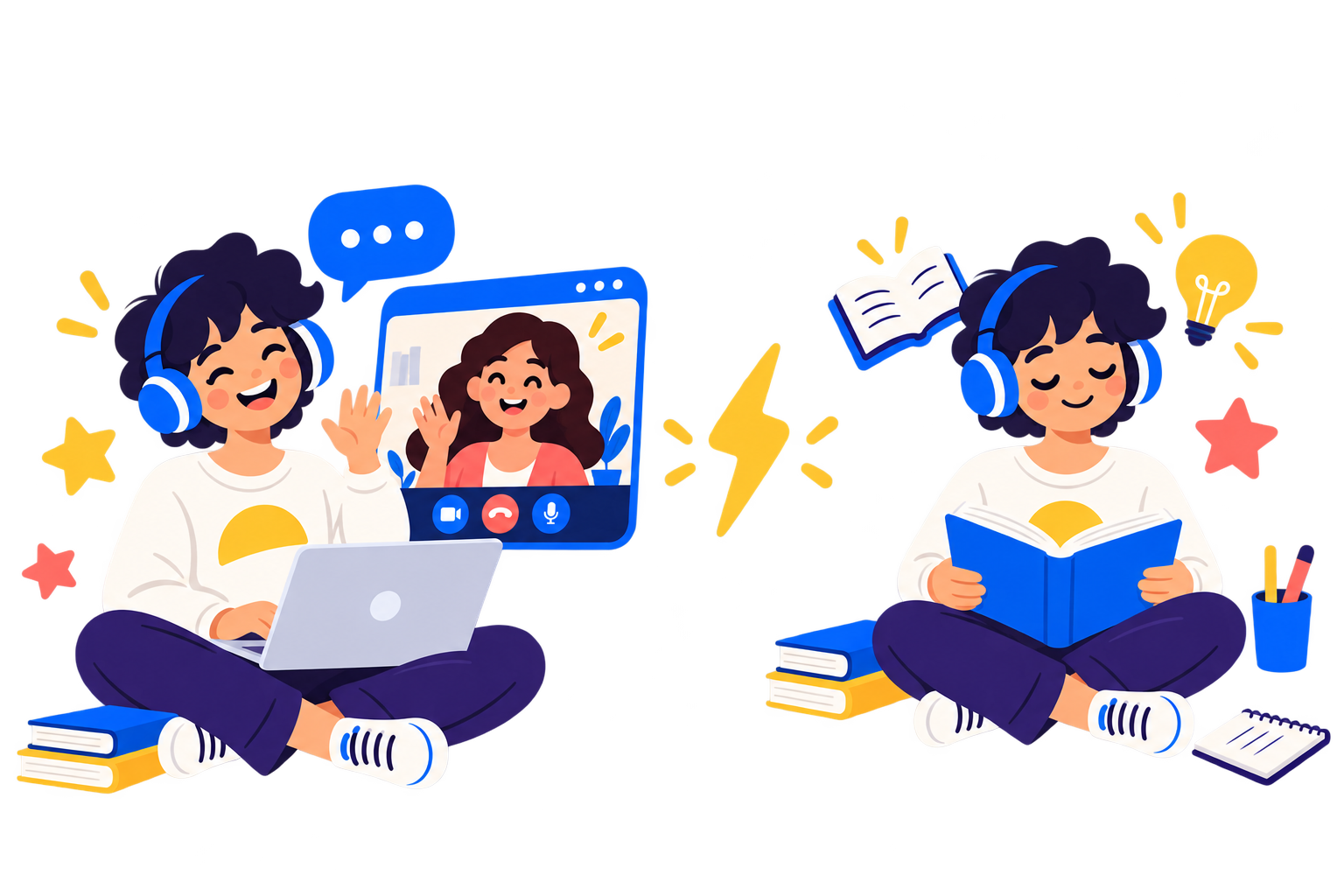 Ilustración: clase de inglés con profesor por videollamada frente a estudio por cuenta propia