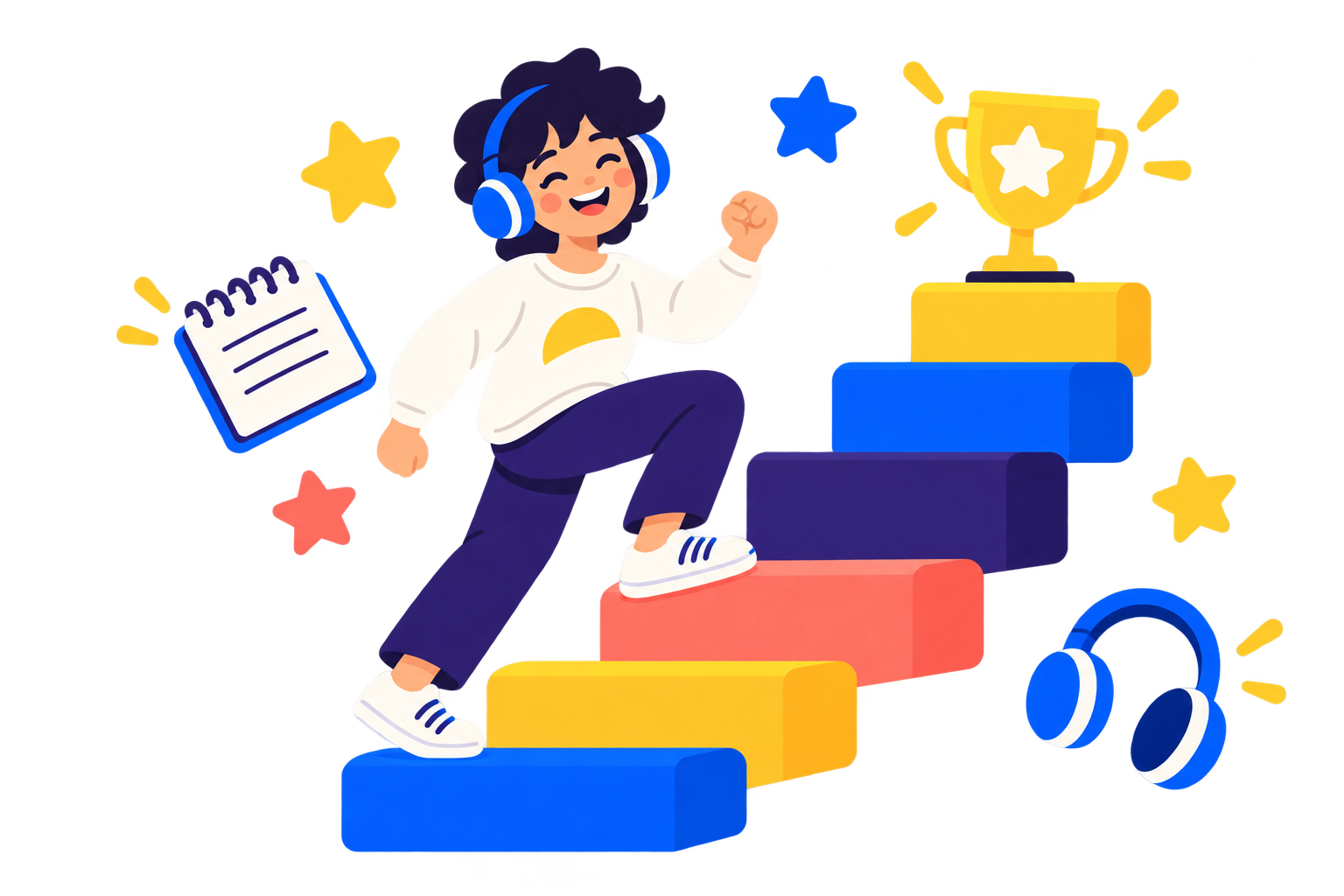 Ilustración: una persona sube por un camino de etapas para aprender inglés
