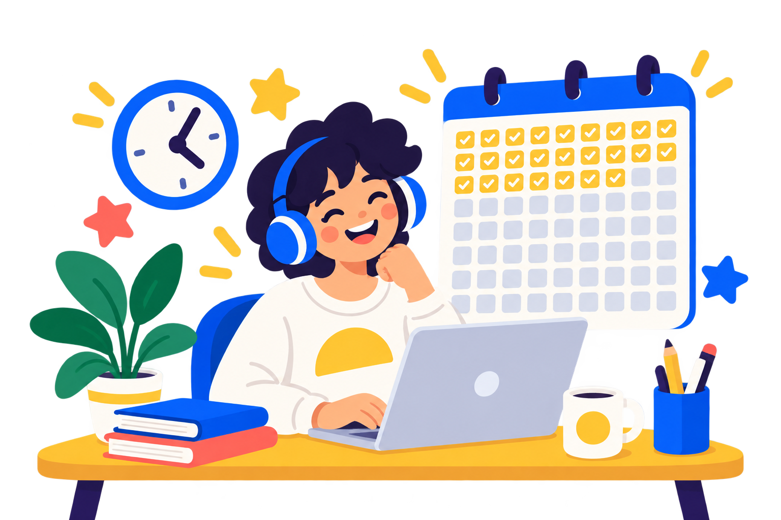 Ilustración: una persona estudia inglés en casa con un plan de 90 días