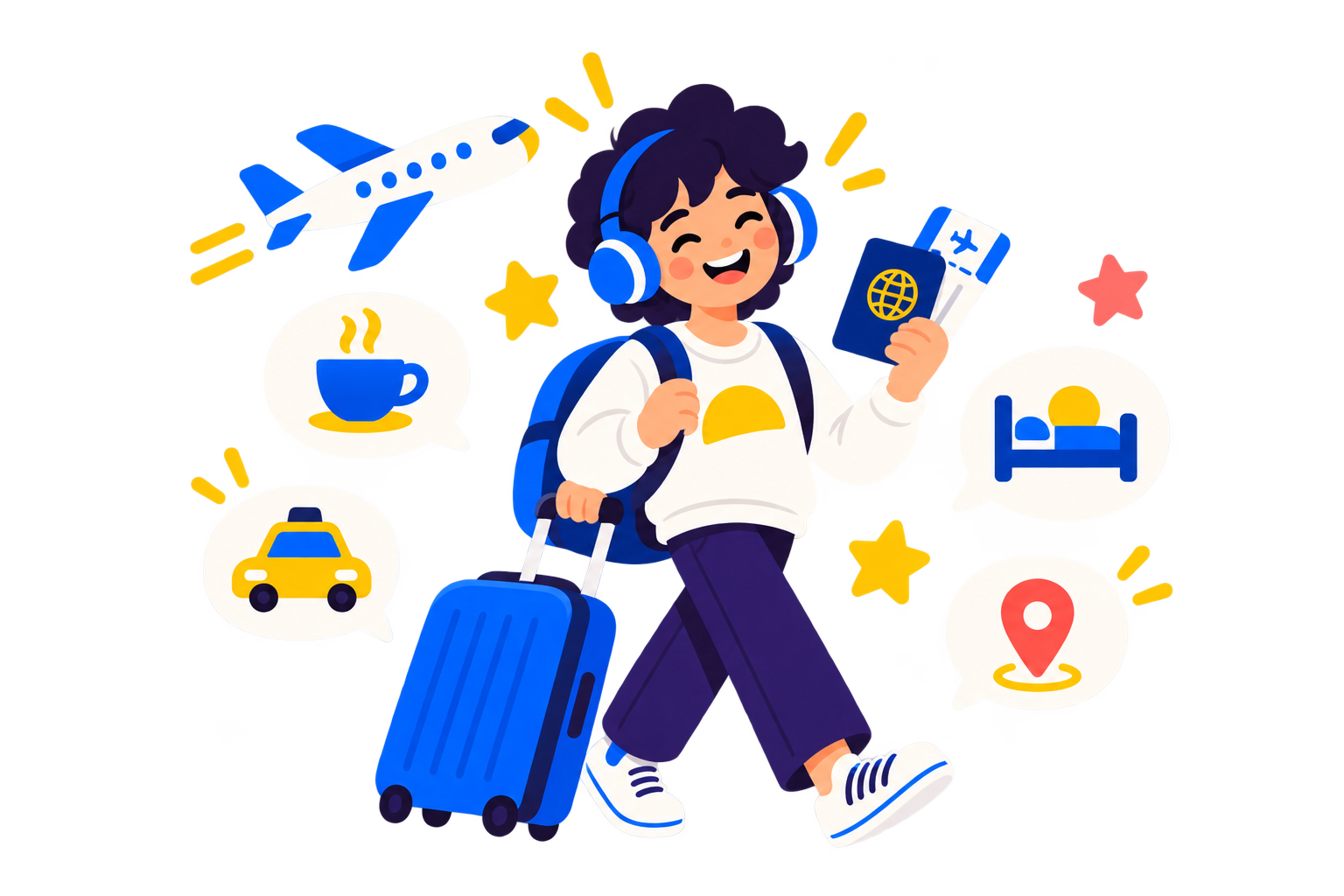 Ilustración: una persona viajera con maleta, pasaporte y tarjeta de embarque