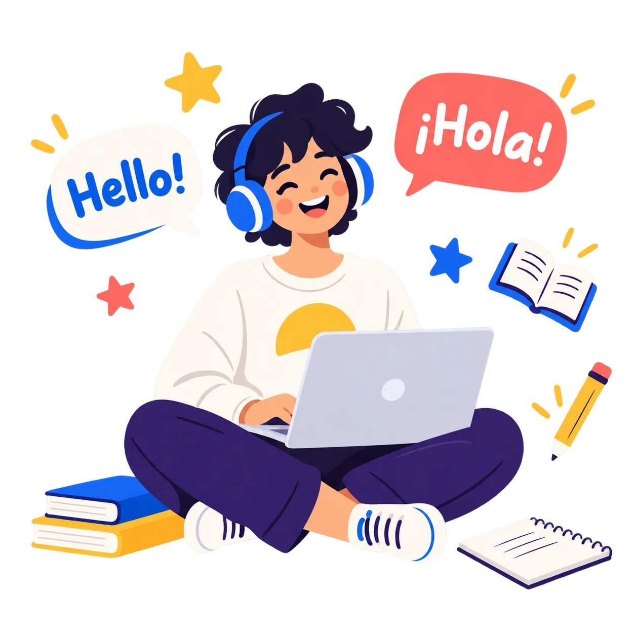 Persona aprendiendo inglés con portátil y auriculares, rodeada de bocadillos «Hello!» y «¡Hola!»