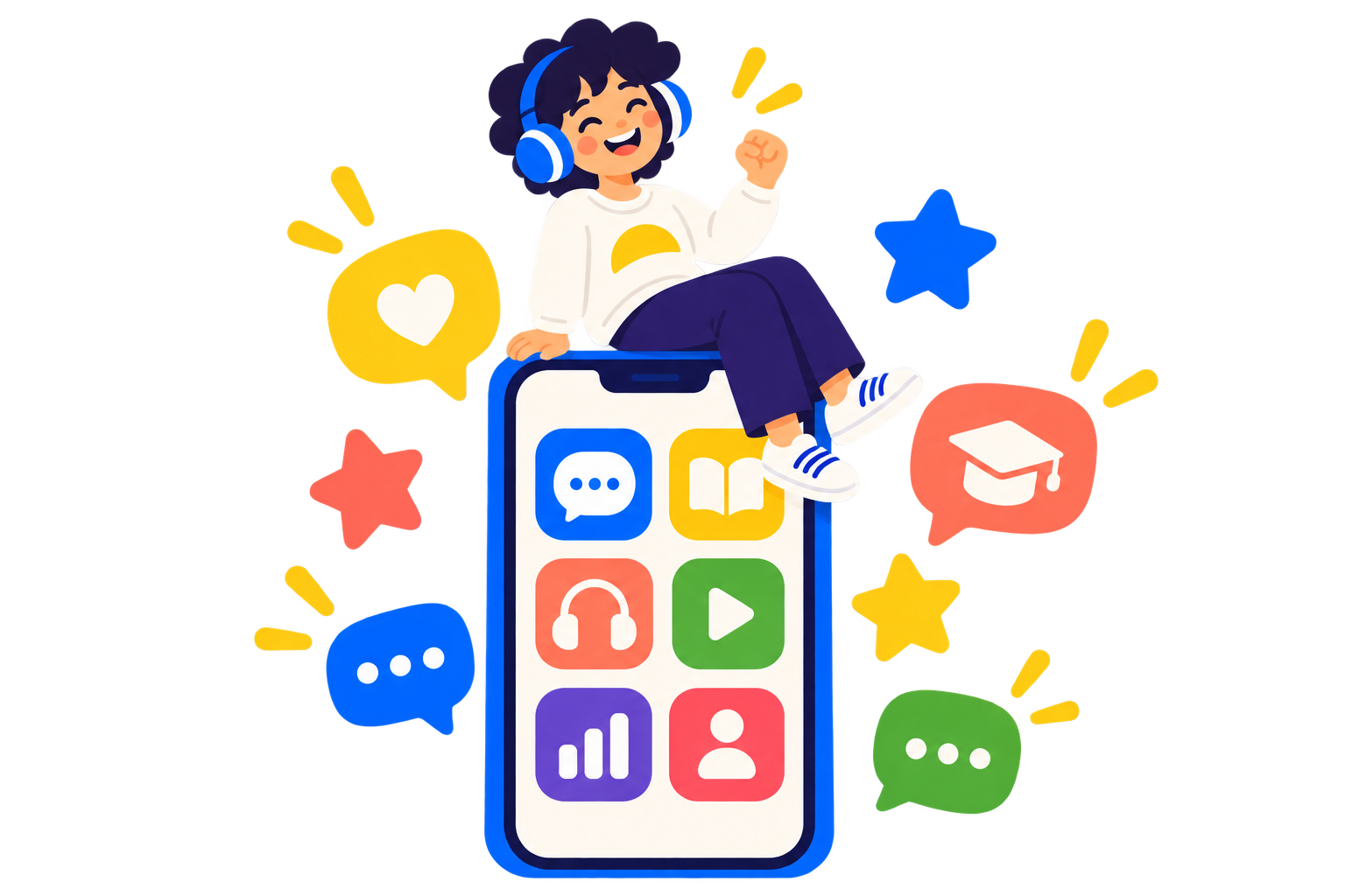 Ilustración: una persona con auriculares sentada sobre un teléfono lleno de apps