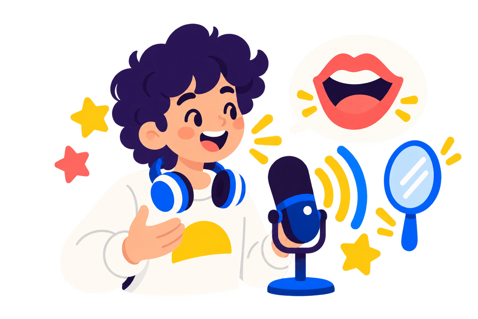 Ilustración: una persona habla ante un micrófono con ondas de sonido para practicar la pronunciación